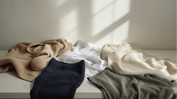 Olika textilier och plaggmaterial i ett ljust nordiskt hem